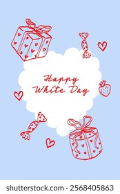 Happy White Day Greeting Card. Romantic cloud with hearts and gifts on blue background  