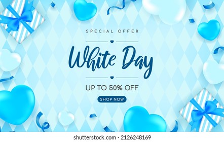 Happy White Day Sale Banner Vector design. Realistic balloon hearts and gifts on blue rhombic pattern background