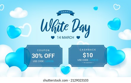 Happy White Day Sale Banner Vector design. Balloon hearts on the clouds background	