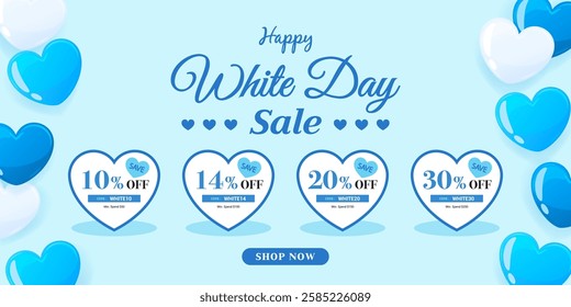 Happy White Day Sale coupon template vector design. Heart balloons on baby blue background