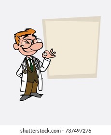 Happy White doctor with glasses makes the gesture of ok. Is showing, as in a presentation, the data you want.
