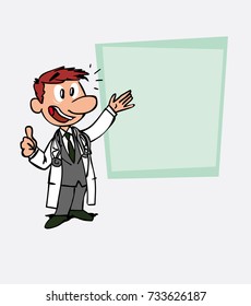 Happy white doctor makes the gesture of ok. Is showing, as in a presentation, the data you want.
