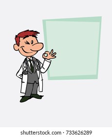 Happy white doctor makes the gesture of ok. Is showing, as in a presentation, the data you want.