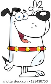 Happy White Dog Cartoon Character Waving For Greeting