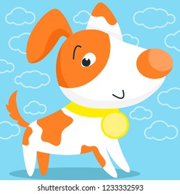 Happy white dog with orange spots and a medal. Pride and smily animal. Vector illustration, cartoon baby style.