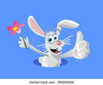 Happy white easter bunny ears and face. Rabbit in hole showing symbol Like and holding flower. Vector flat illustration for greeting card, web, icon.