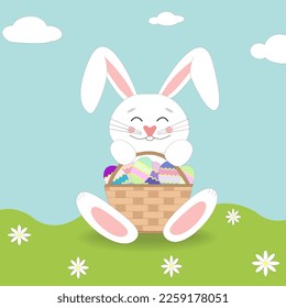 happy white easter bunny rabbit holding a basket full of easter eggs sitting outside