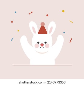 Happy white easter bunny wearing red party hat celebrating, cheering with hands Up. Flat holiday Vector design Illustration for website landing page, greeting card, cover, banner, poster, mobile app.