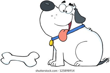 Happy White Fat Dog With Bone
