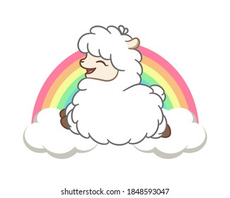 Happy white fluffy alpaca, sheep, llama animal leaping on clouds with rainbow cartoon. Simple flat black and white vector illustration design. 