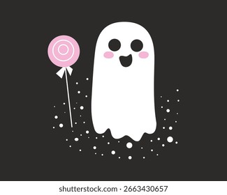Happy white ghost holding a pink lollipop, surrounded by sparkles on a black background. Sweet and festive Halloween character. Vector illustration.