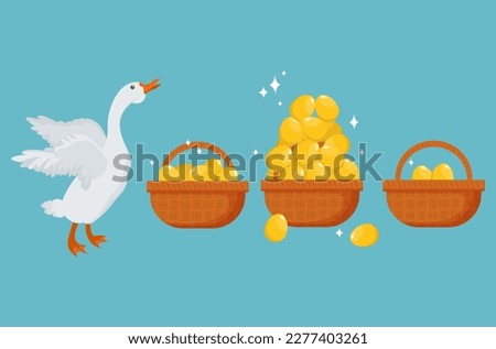happy white goose and baskets with different numbers of golden eggs