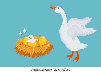 happy white goose with one hantched golden egg