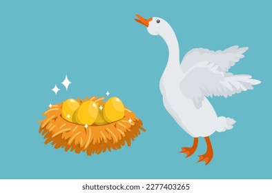 happy white goose with some golden eggs in her nest