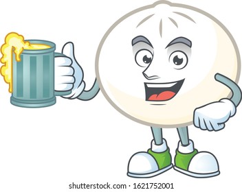 Happy white hoppang mascot design with a big glass