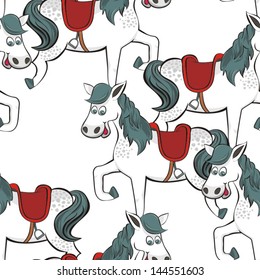 happy white horse free run on sunny summer day animal farm life illustration on blank white background seamless pattern