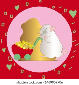 Happy white metal rat loaded with gold coins. Vector Illustration