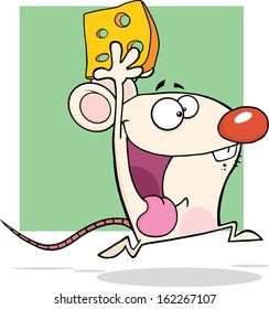 Happy White Mouse Cartoon Character Running With Cheese. Vector Illustration Isolated on white
