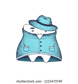 Happy white mr. Tooth. Idea of dental character. Cartoon. Hand-drawn. Vector.