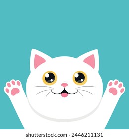 Happy white peeking cat. Curious cat. Cute cartoon character. Vector illustration