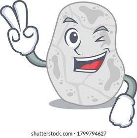 Happy white planctomycetes cartoon design concept show two fingers