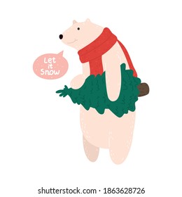 Happy white polar bear in Christmas comfortable cozy red scarf carrying christmas tree