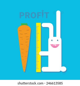 Happy white rabbit measures giant carrot. Profit growth concept. Vector