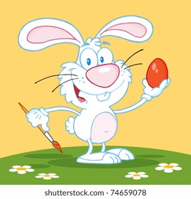 Happy White Rabbit Painting Easter Egg Vector Illustration