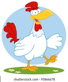 Happy White Rooster Walking And Waving.Vector Illustration