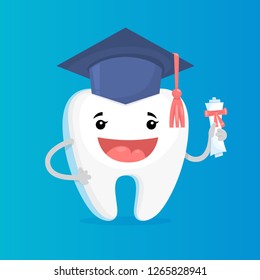 Happy white shiny tooth graduate. Idea of dental care and oral hygiene. Healthy molar in cap with diploma. Funny character. Isolated flat vector illustration