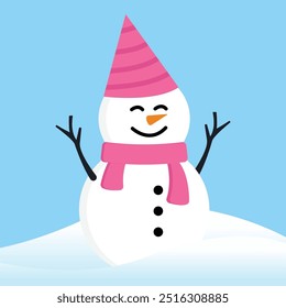 Happy White Snow Man with Twig Hand Up Wearing Pink Birthday Hat and Pink Scarf Winter on Blue Background