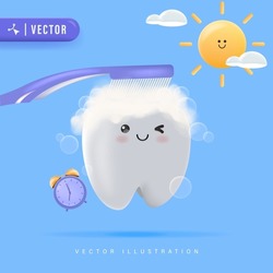 Happy White Tooth Cleaning With Brush Vector Illustration. Morning Routine Brushing Teeth Concept. Oral Hygiene Concept For Kids. Healthy Tooth Character. Cute Clean Tooth Cartoon Icon. 