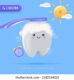 Happy White Tooth Cleaning with Brush Vector Illustration. Morning Routine Brushing Teeth Concept. Oral Hygiene Concept for Kids. Healthy Tooth Character. Cute Clean Tooth Cartoon Icon. 