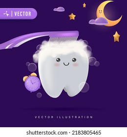 Happy White Tooth Cleaning with Brush Vector Illustration. Night Routine Brushing Teeth Concept. Oral Hygiene Concept for Kids. Healthy Tooth Character. Cute Clean Tooth Cartoon Icon. 