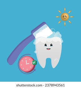 Happy White Tooth Cleaning with Brush Vector Illustration. Morning Routine Brushing Teeth Concept. Oral Hygiene Concept for Kids. Healthy Tooth Character. Cute Clean Tooth Cartoon Icon.