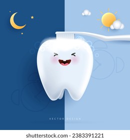 Happy white tooth cleaning with brush vector. morning and night routine brushing teeth concept. oral hygiene for kids hospital. healthy tooth character. cute clean tooth cartoon icon.