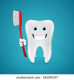 Happy white tooth with red toothbrush on blue background