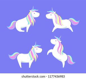 Happy white unicorns with rainbow color mane and horn vector isolated on blue. Cartoon horses, childish characters from dreams, pretty horse babies