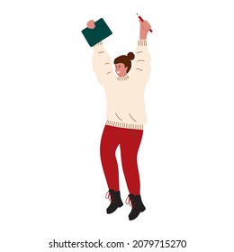 Happy white woman in casual sweater with notepad and pencil in her hands. Graduation, advanced training. Education and business. Colorful flat character, isolated on white background