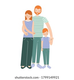 happy wife and husband with little son all hugging. vector illustration