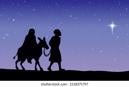 Happy wife Maria and husband Josef go ride walk journey on dark blue starry space for text. Black hand drawn old merry xmas come eve god story. Ancient art graphic historic new born pray scene symbol