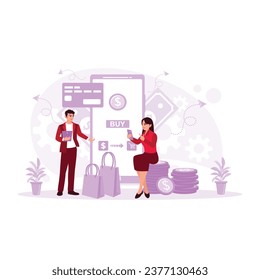 Happy wife shopping online with husband. The couple uses credit cards to pay bills. Internet Banking concept. Trend Modern vector flat illustration