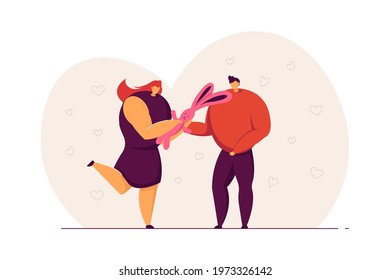 Happy wife telling husband about pregnancy. Flat vector illustration. Young couple expecting baby birth. New life, family, happiness concept for banner, website design or landing web page