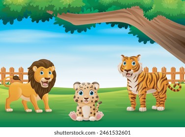 Happy wild animal cartoon in a beautiful green forest