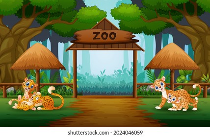 Happy wild animal with their cubs in the zoo illustration