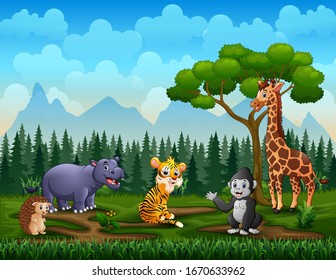 Happy wild animals enjoying in the green field