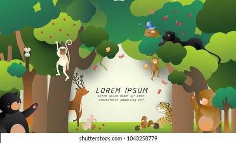 happy wild animals in the forest,cute cartoon vector illustration for presentation,website cover,banner or poster,international day of forest,space for text