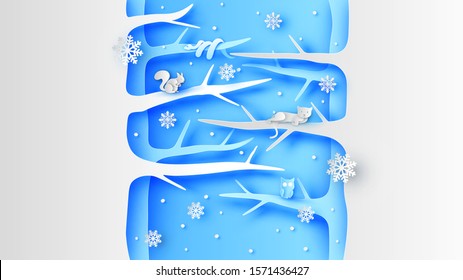 Happy wild animals live on tree in the winter forest and snow falling. paper cut and craft style. vector, illustration.