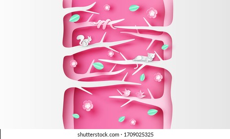 Happy wild animals living on tree in springtime forest. Wild animal in spring. paper cut and craft style. vector, illustration.