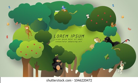 happy wild animals on the trees,cute cartoon vector illustration for presentation,website cover,banner or poster,international day of forest,space for text